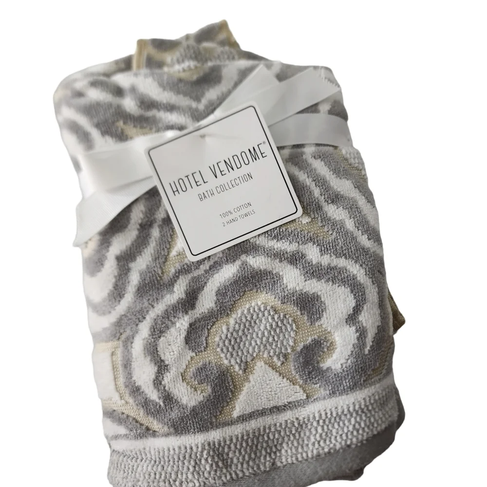 Hotel Vendome 2 Hand Towels Gray White Kahki Gold Velour